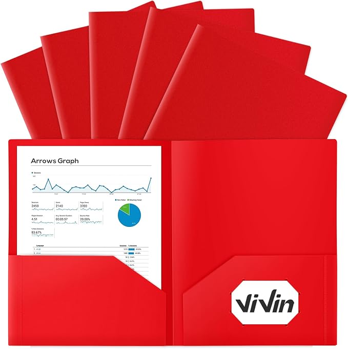 ViVin 12-Pack Sturdy Plastic Folder with Pockets, Poly Folders with 2 Pocket, Plastic Pocket Folder with Business Card Slot, for School, Home, Office (Red)