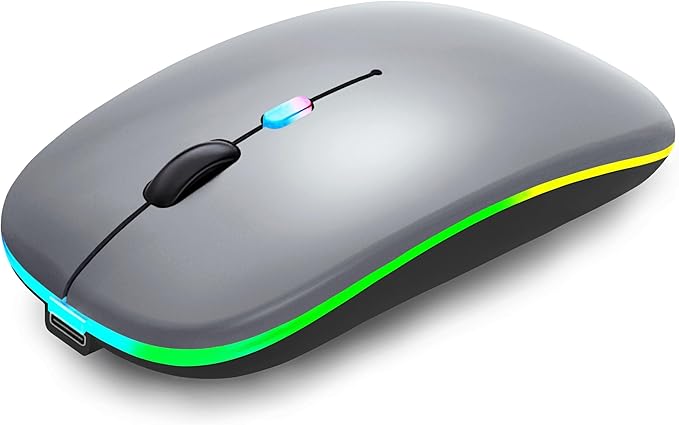 Wireless Bluetooth Mouse Rechargeable Laptop Mice with LED Lights Silent Slim Use(BT5.2 and 2.4G Portable USB) Dual Mode Computer Mouse for Laptop/iPad/Tablet/Apple/Computer/Mac (Grey)