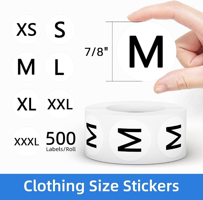 3500 PCS 7/8" Size Labels for Clothing Retail, 7 Sizes (XS-XXXL) | Round Self Adhesive Size Stickers, for T Shirts/Trousers/Skirt Retail, BPA free, Easy Peel, 7 Rolls (White with Black Word)