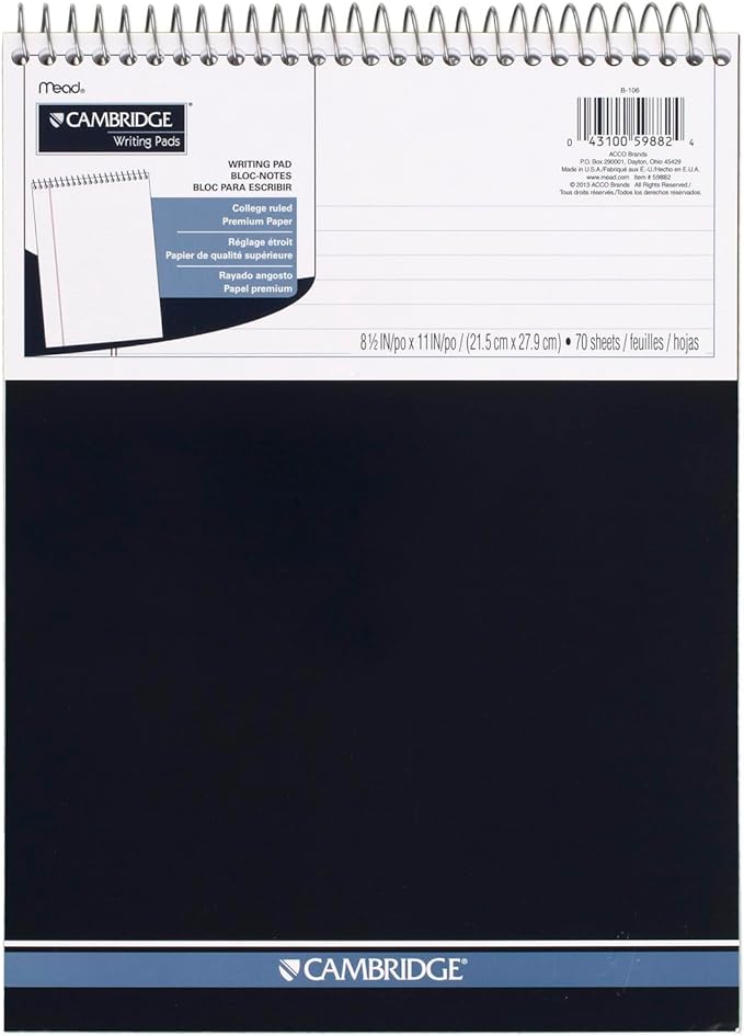 Cambridge Spiral Notebook, College Ruled Paper, 8-1/2" x 11", 70 Sheets, Top Bound, Navy (59882)