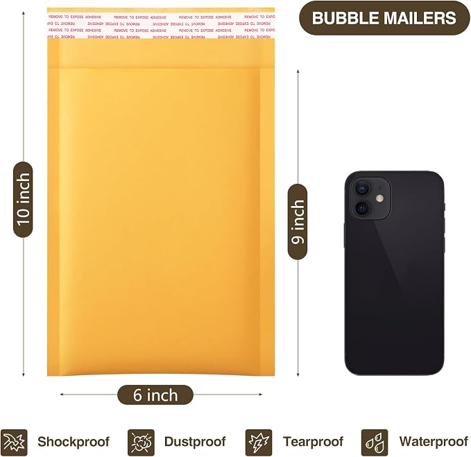UCGOU Kraft Bubble Mailers 6x10" 50 Pack Usable Size 6x9" Yellow Padded #0 | Self Seal Waterproof Padded Envelopes,Tear Resistant Bulk Shipping Bags for Mailing Jewelry Makeup Small Business