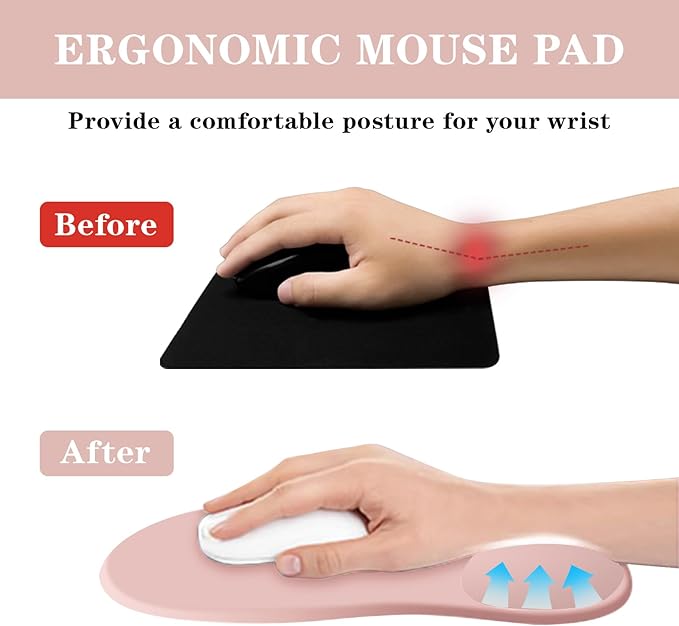 Mouse Pad with Wrist Rest,Ergonomic Mouse Pad with Comfortable Gel Wrist Rest Support and Non-Slip PU Base for Easy Typing Pain Relief, Durable and Washable(Pink)