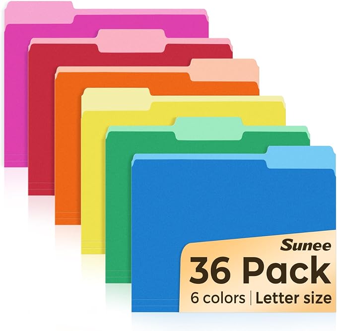 SUNEE File Folders, 36 Pack Manilla Folders 8.5 x 11, Colored File Folders Home Office School Supplies for Documents Files Paper, 6 Assorted Colors