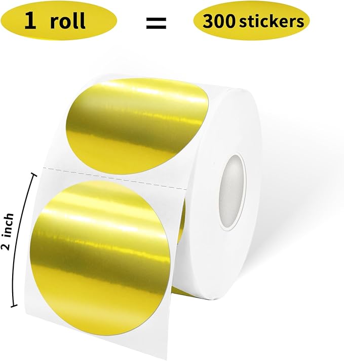 2" Circle Holographic Thermal Label Stickers Gold, Self-Adhesive Circle Direct Thermal Labels, Multi-Purpose Roll Sticker Labels for DIY Logo Design, QR Code, Name Tag（ 300 Labels，1 Roll）