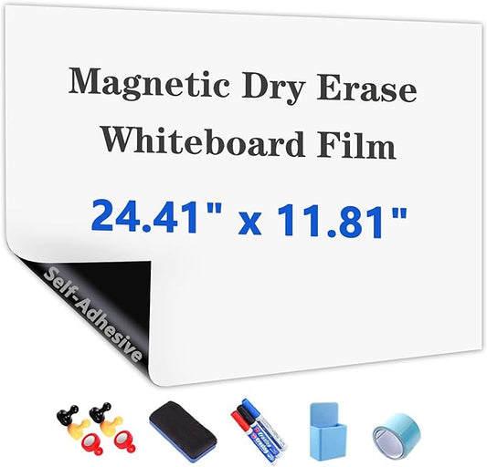 Self-Adhesive Dry Erase Whiteboard Sticker, 24.41" x 11.81" Magnetic Receptive White Board Wall Film, No Ghosting, Easy Write & Clean | Peel & Stick for Office, Home & Classroom,Incl. Accessories