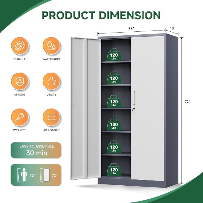 Metal Storage Cabinet with Lock Door and 5 Shelves,6 Tier Steel Garage Tool Cabinet for Home Office Utility Room 72" H X 36" W X18 D (White Gray)