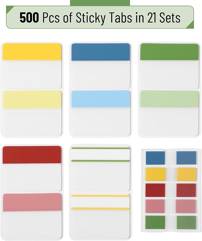 Mr. Pen- Sticky Index Tabs, 500 Pcs, 21 Sets, Colorful | Writable Colored Pages Markers Labels for Reading Notes, Books, Binders, Notebook, Folders and Classify Files