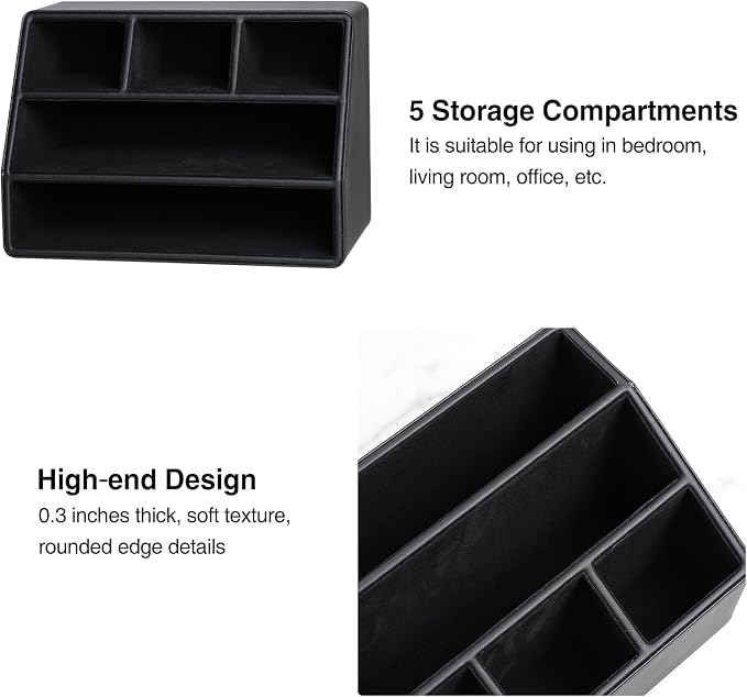 PU Leather Desk Organizer, Remote Control Holder, Black | Luxury Nightstand Organizer for Home, Office Desk Accessories, Bedside Table Caddy with 5 Compartments, Velvet Lining