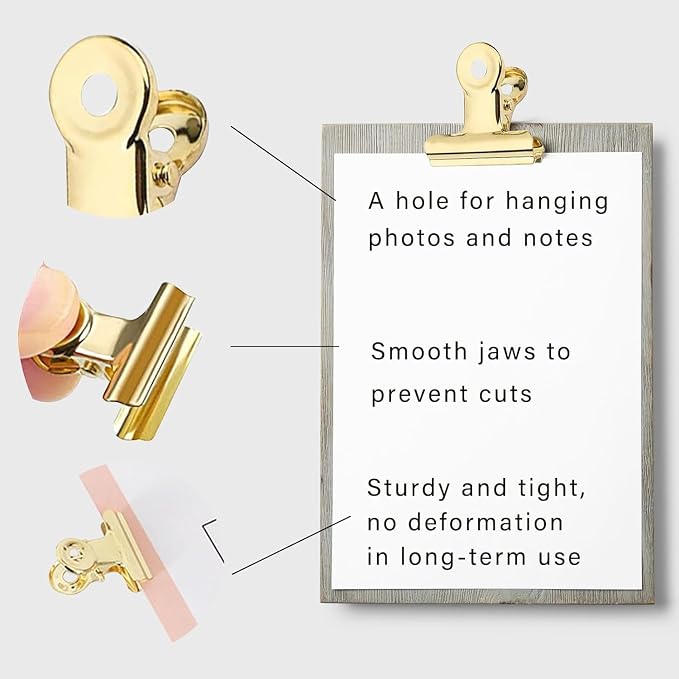 YUCHIYA 12 Pack Bulldog Clips with Push-pins for Corkboard,Metal Clips for Crafts, Metal Binder Clips for Pictures, Spring Paper Clamps for Office Documents (Gold,1.5inch)