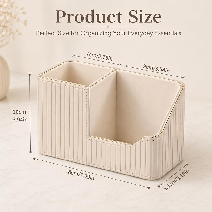 Luxury PU Leather Desk Organizer for Office Accessories, Aesthetic Pen Holder for Desk, Modern Desktop Storage Organizer for Women Home Office Supplies, Beige with Gold Trim
