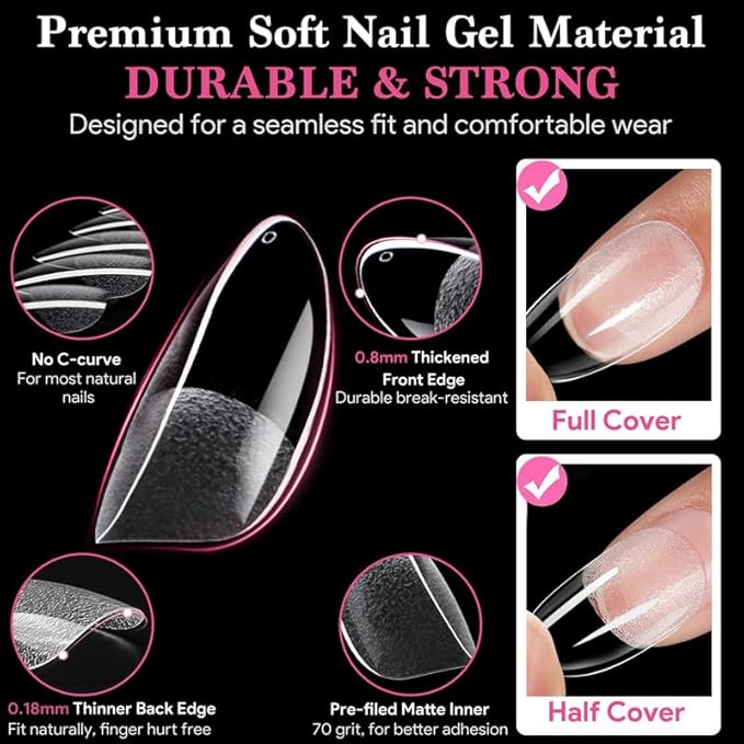 Medium Round False Nail Tips, 15 Sizes 510 PCS Clear Soft Press On Fake Nail Pre-shaped Half Matte Full Cover Gel Nail Tips Extensions Strong Thick Long Lasting for DIY Beginners & Salon Manicure