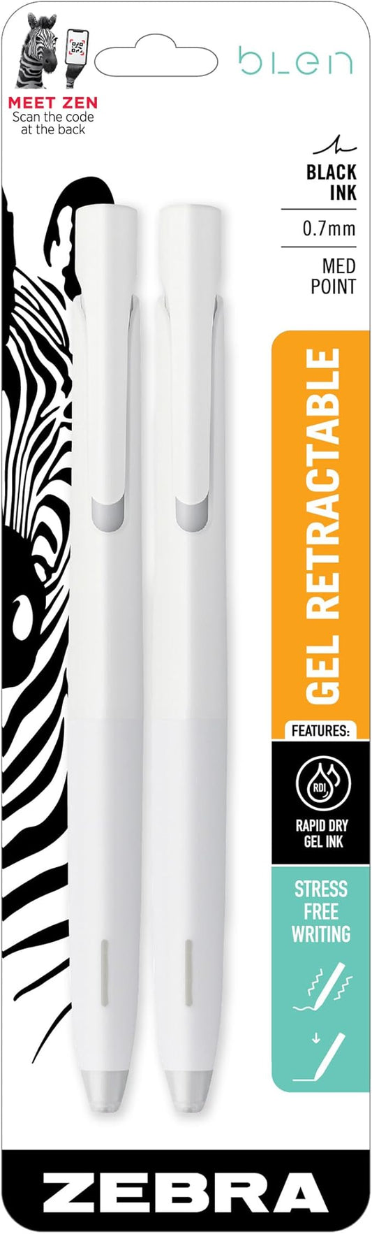 Zebra Pen, bLen Retractable Gel Pens, Medium Point 0.7mm, Black Ink, White Barrels, Rapid Dry Gel Ink, Low Vibration for More Stable, Easier to Control Writing, Refillable, 2-Pack (41402)