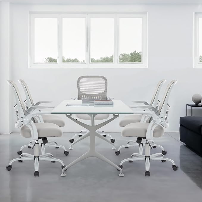 Sweetcrispy Home Office Chair, Mesh Office Chair, Lumbar Support, Grey | Adjustable Height, 360° Swivel Wheels, Mid-Back, Comfy Flip-up Arms for Small Space, Study, Managerial Executive, Grey