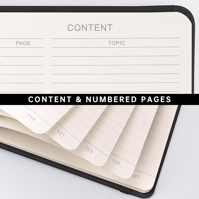 AHGXG Lined Journal Notebook, 192 Numbered Pages, A5 Size (5.7'' x 8.3'') | for Men & Women, Journaling, Writing, Work & Office, Leather Hardcover, 100 GSM Thick Paper (Black)