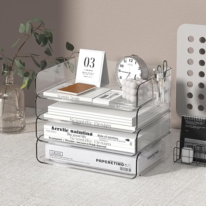 4-Tier Horizontal Acrylic Paper Tray Organizer with Pen Holder | Clear Stackable Desk Organizer for Documents, Letters, A4 Paper | Modern Office/Classroom/Home Organization