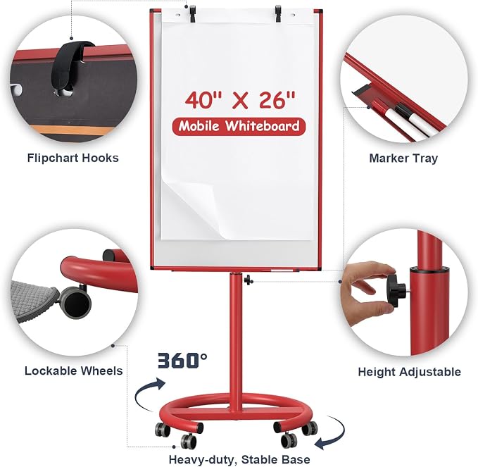 Mobile Whiteboard, 40x26 Inches White Board Dry Erase Board on Wheels | Height Adjustable, Magnetic Surface, Dry Erase, With Stand, Ideal for Classroom, Office, School, Home, Homeschooling, Teacher