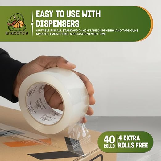40 Rolls Clear Packing Tape Refills - Heavy Duty 2” X 65 Yards Bulk Value Pack (More Than Standard 36-Roll Packs) for Shipping, Moving & Storage - Strong Hold Clear Packaging Tape for Moving Sealing