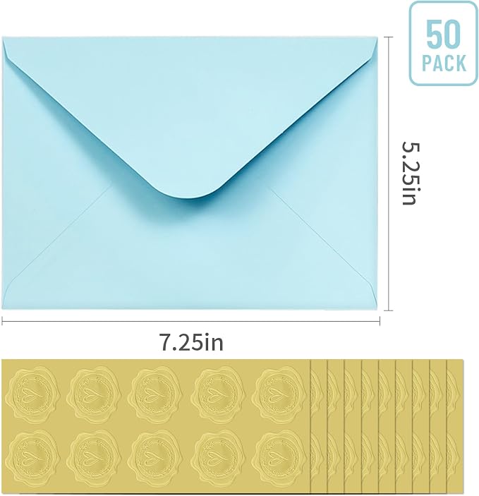 50 PCS Light Blue Colorful A7 Envelopes with Stickers, 5x7 Envelopes for Greeting Cards, Great for Invitations, Wedding Invitation, Birthday, Baby Shower, Graduation