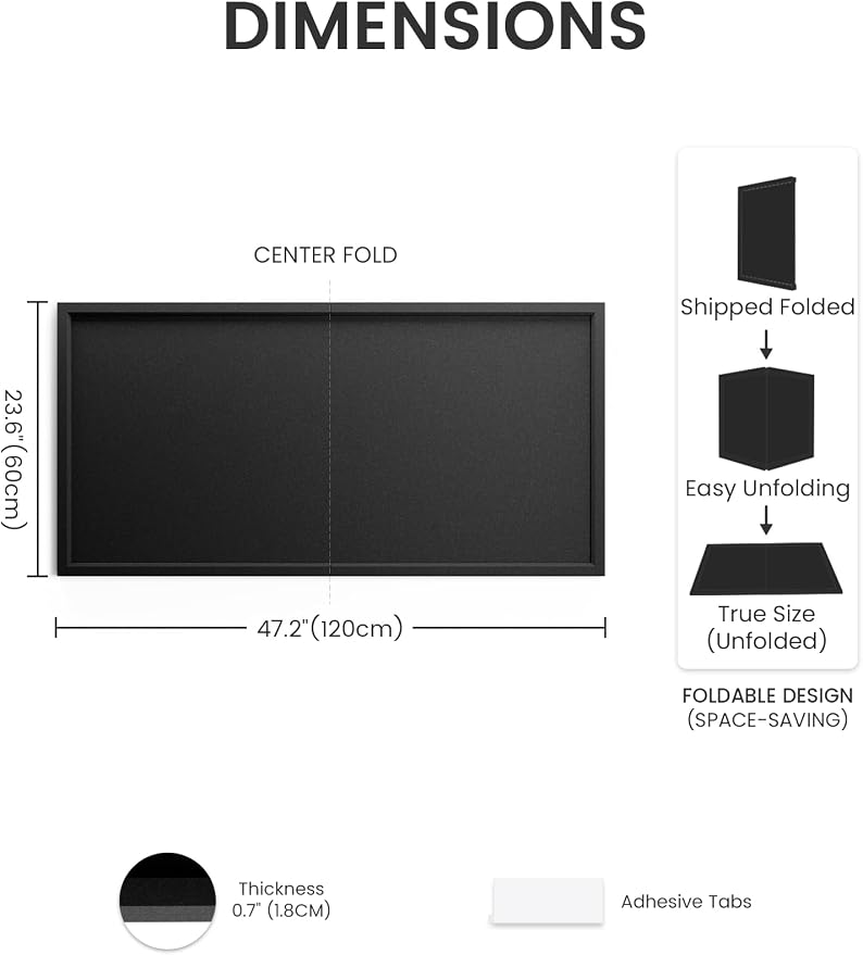 Fluxynara 47.2" x 23.6" Felt Frame Bulletin Board, Black | Cork Board Alternative with 36 Removable Adhesive Tabs, Foldable Pin Board for Wall, Home, Office, Classroom & Dorm