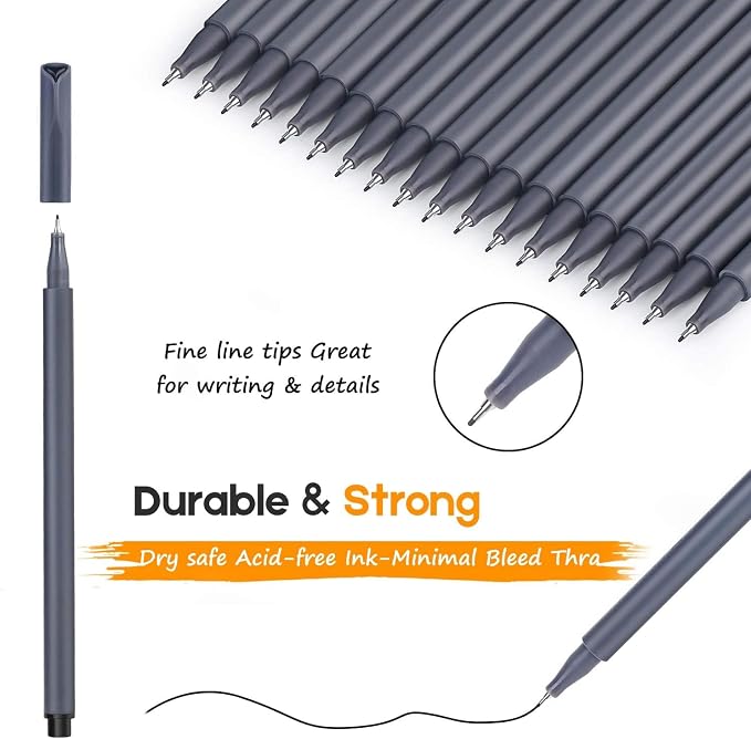 iBayam Fineliner Pens, Slim Barrel, Fine Point 0.38mm, Black Ink, 18 Count | Home, Office, School, Journaling, Writing, Note-Taking, Teacher Supplies