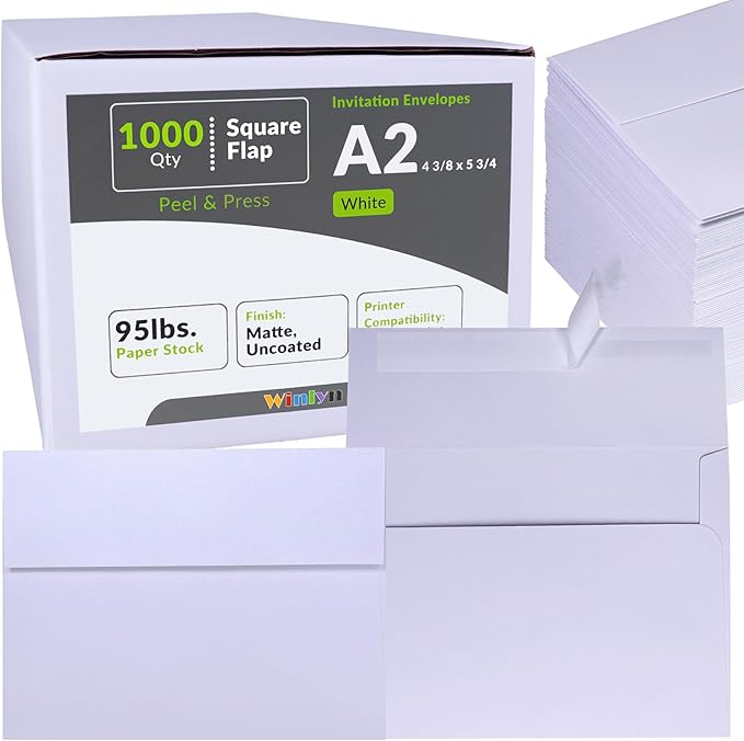 Winlyn 1000 Pcs White A2 Invitation Envelopes, Peel & Press Self Seal, 4 3/8 x 5 3/4 Square Flap, RSVP & Return Envelopes, 95lb. Paper, Perfect for Announcements, Greeting Cards, Letters