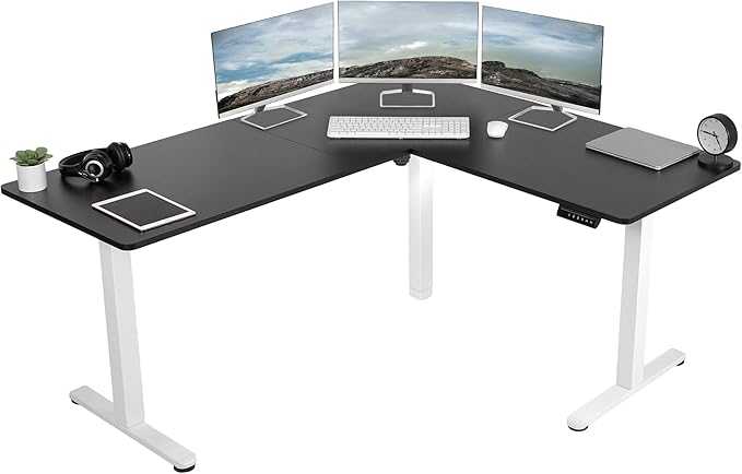 VIVO Corner Standing Desk, 63 x 55 inch Reversible L-Shaped Workstation, Electric Height Adjustment, Home, Office, and Reception Rooms, Black Table Top White Frame, DESK-E3CTWB