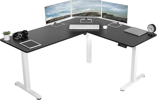 VIVO Corner Standing Desk, 63 x 55 inch Reversible L-Shaped Workstation, Electric Height Adjustment, Home, Office, and Reception Rooms, Black Table Top White Frame, DESK-E3CTWB