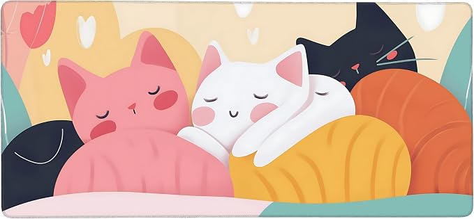Cute Anime Cats Gaming Mouse Pad, Colorful Pop Art Desk Mat with Anti-Slip Base & Stitched Edges, Office & Home Desk Decor for Women, 35.4" x 15.7" in Computer Desktop Mat