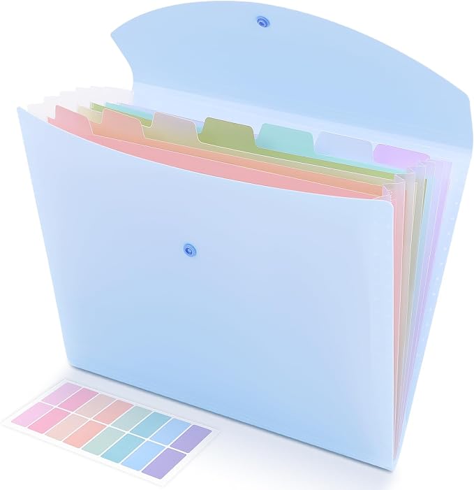 SKYDUE Cute Accordion File Organizer, Expanding File Folder with 8 Pockets, Document Organizer with Colorful Tabs for School, Office, Hospital Tax, Receipts Storage Letter/A4 Size Blue