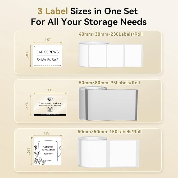NIIMBOT Thermal Label Tape 3Rolls, Compatible with B1/B2/B21 Label Maker | Multi-Size Pack, 40x30mm White, 50x80mm Clear, 50x50mm White | for Address, Jar, Gift, Logo & File Organization Stickers