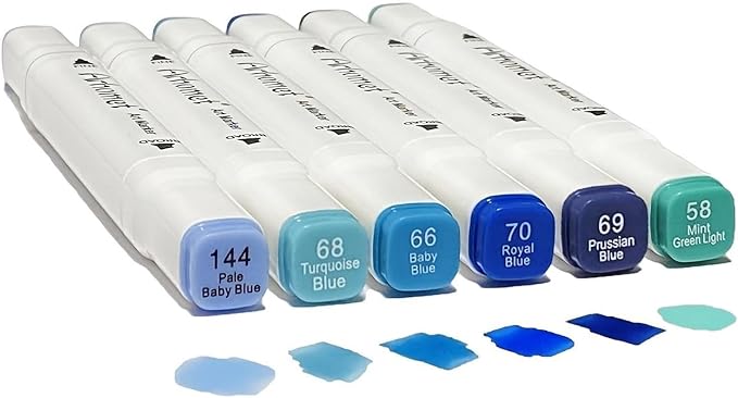 Arhomet 6Pcs Blue Colors Sea Ocean Sky Alcohol Markers Set, Dual Tips Art Markers Clear Blending Pen Drawing Sketched Double Tipped for Adults Artists (Blue)