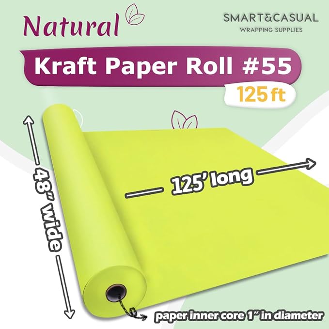 SMART&CASUAL 48" x 1,500" (125') Navy Blue Kraft Craft Paper Roll for Gift Wrapping Bulletin Board Bouquet Flower Kids Art Packing Parcel Table Covering 80GSM 55LB (Neon Green, 48" x 125')