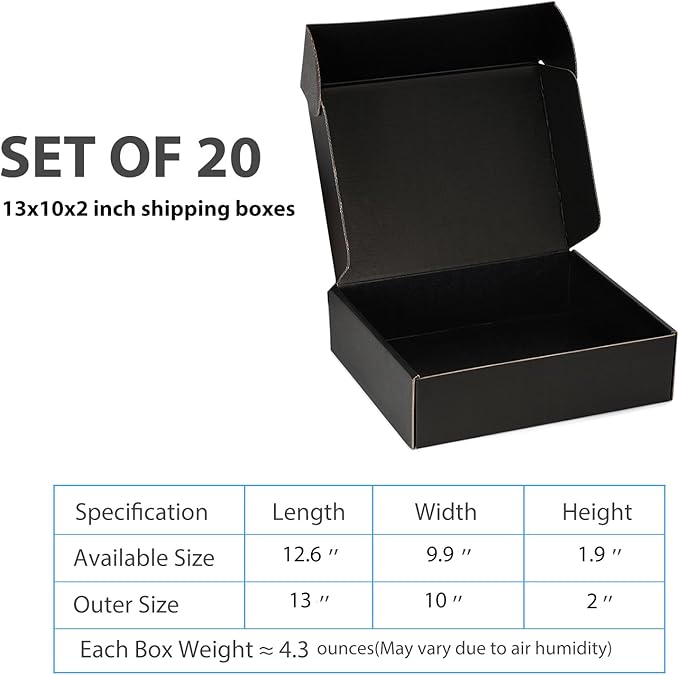Small Shipping Boxes 13x10x2 Inches – Black Corrugated Cardboard Boxes (20-Pack) for Mailing, Packing, Small Business & Gift Packaging - Recyclable & Sturdy