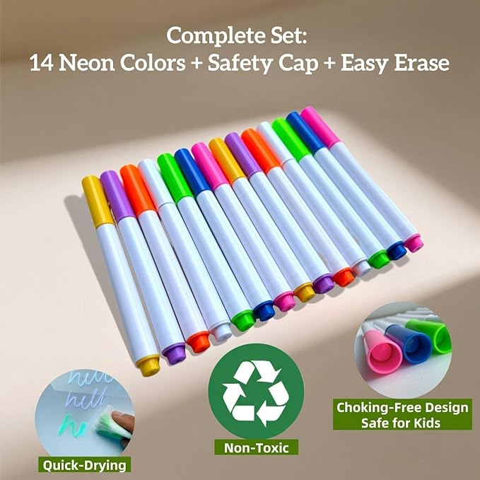 14 Colors Liquid Chalk Markers for LED Note Board - Neon Dry Erase Markers for Acrylic Calendar, Glass Window & Blackboard - Erasable Gel Markers Fine Tip for Kids, Non-Toxic Wet Erase Pens