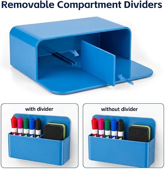 Magnetic Pencil Pen Holder, 2 PCS Dry Erase Marker Holder for Whiteboard, Blue Magnet Storage Pencil Cup Case Box Fridge Organizers Locker Accessories for Office School Classroom Teacher Must Haves