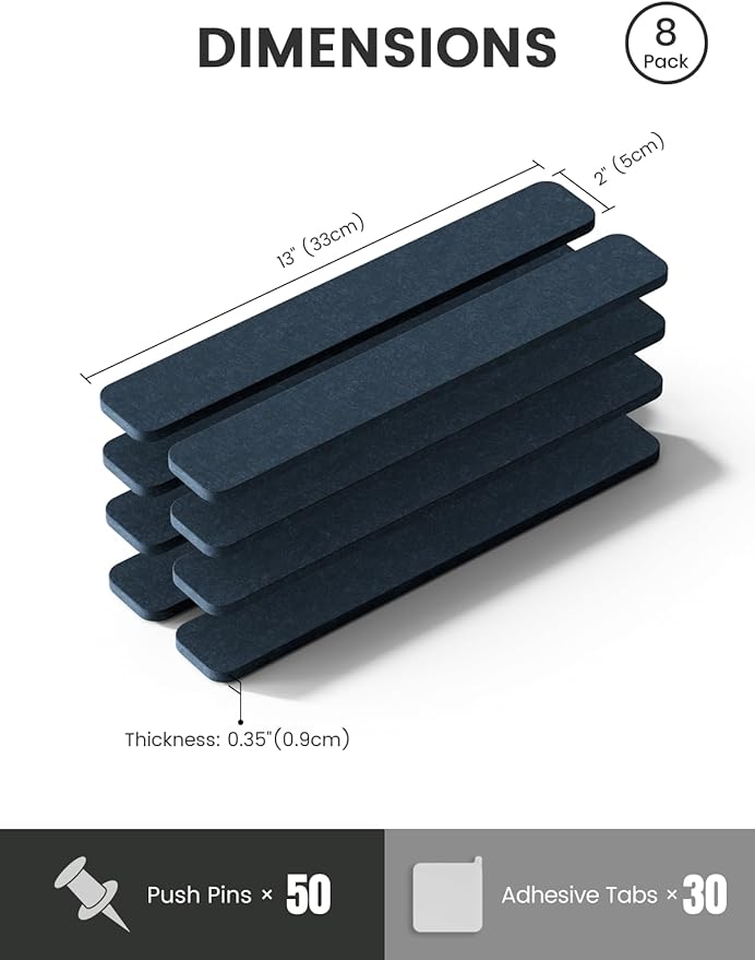 Fluxynara Cork Board Alternative Felt Strip Board 8-Pack 13"x2", Office Pin Board with 50 Push Pins, Adhesive Install for Bedroom Door & Home Office(Denim Blue)
