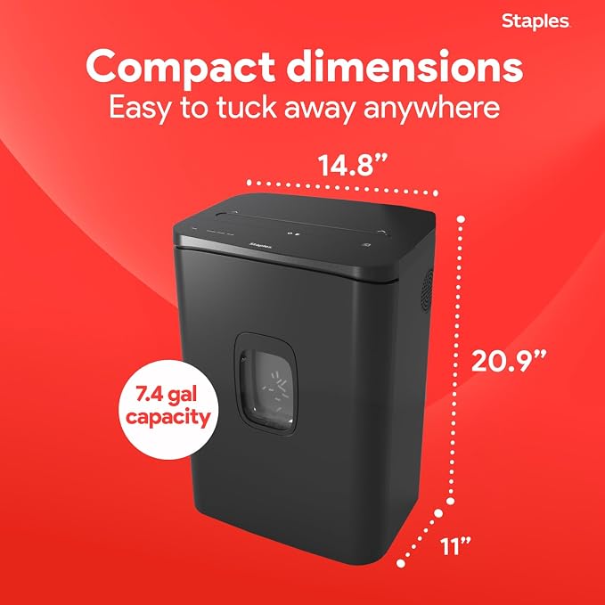 Staples 24-Sheet Cross-Cut Paper Shredder, High-Capacity, Black | Shreds paper, credit cards, and CDs into a 7.4-gallon bin for office use.