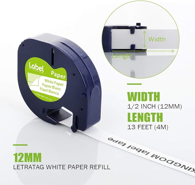 8-Pack Label KINGDOM Label Compatible with DYMO LetraTag Label Maker Refills 91330 White Paper Tape Refills 12mm x 4m (1/2" x 13') for Labeler Letra Tag 200B LT 100H 100T Plus