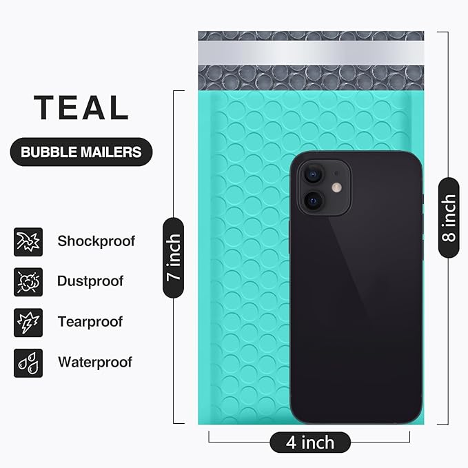 UCGOU Bubble Mailers 4x8 Inch Teal 50 Pack Usable Size 4x7 Inch Poly Padded Envelopes Small Business Mailing Packages Opaque Self Seal Adhesive Waterproof Boutique Shipping Bags for Jewelry #000