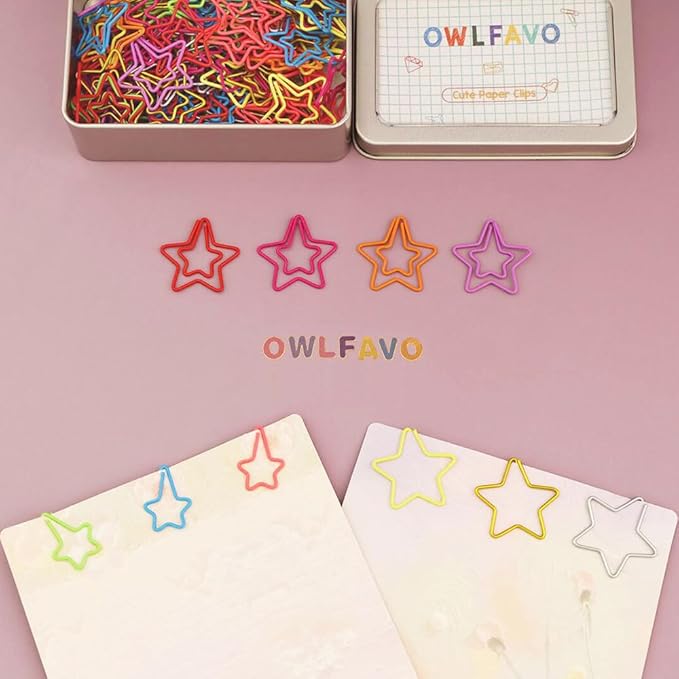 OWLFAVO 100pcs Star Shape Paper Clips with Clear Box, 10 Colors, Funny Cute Paperclips Bookmarks Planner Clips for Fun Office Supplies School Gifts Wedding Decoration