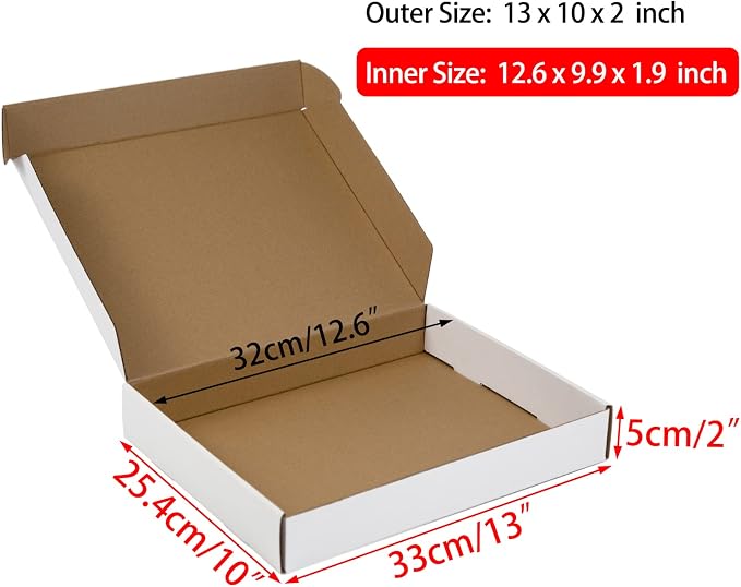 13x10x2 Inches Shipping Boxes Pack of 25, White Corrugated Cardboard Boxes for Small Bussiness