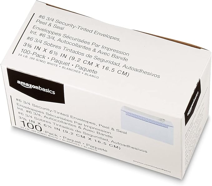 Amazon Basics #6 3/4 Security-Tinted Self-Seal Envelopes for Home & Office, White, 100-Pack
