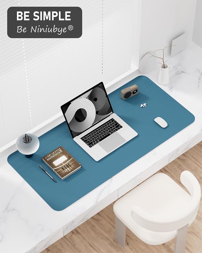 Desk Pad, 23.6" x 13.8" PU Leather Non-Slip Desk Mat Large Mouse Pad for Desktop, Waterproof Laptop Computer Writing Mat for Office, Home, Work, Gaming, Dark Blue