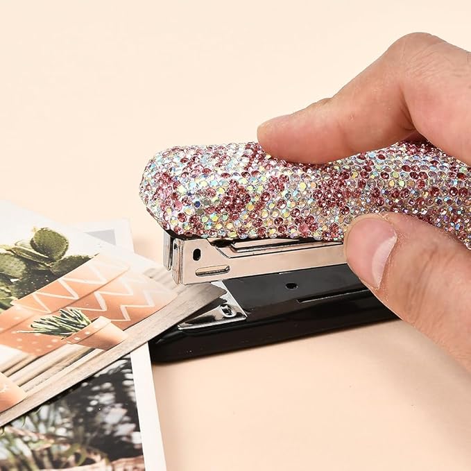 Bling Rhinestone Stapler, Sparkly Diamond Staplers, Cute Desk Stapler for Women & Girls, Bling Crystal Machine Pretty Office Stationery Kit (Pink with AB Color Plated, Large)