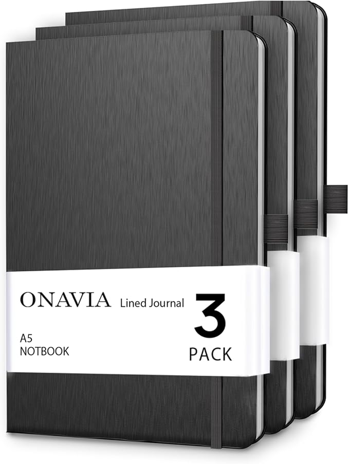 A5 College Ruled Notebook 3 Pack, Hardcover Lined Journals for School Notes, Study, Homework, Class Writing and Journaling, 160 Pages (80 Sheets), 5.8 x 8.3 in, Black