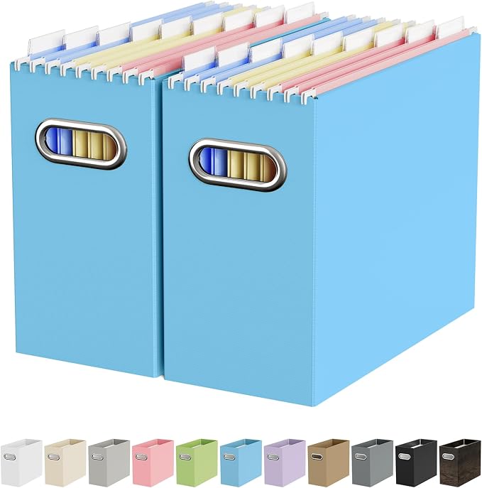 Portable Collapsible Cardboard File Box with Handle for Letter-Size | 2-Pack. Stainless Steel Handle. Label Stickers Included. Fits Letter Folders (Not Included). Home, Office, School, Dorm, Tax.