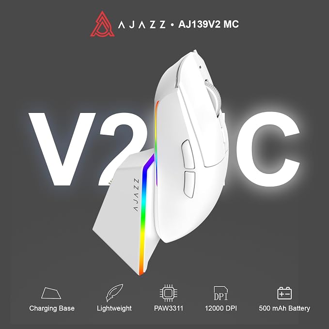 AJAZZ AJ139 V2 MC Wireless Gaming Mouse with RGB Charging Dock, 66g Ultra-Lightweight Tri-Mode Optical Mouse, 12000 DPI PAW3311 Sensor, Ergonomic Rechargeable Gaming Mouse for PC/Mac - White
