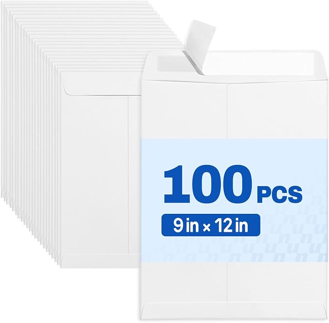 SUNEE Envelopes 9x12, Self Seal Catalog Mailing Envelopes 9x12, 28LB White Kraft Paper Large Document Envelopes for Office Business Shipping, 100 Pack