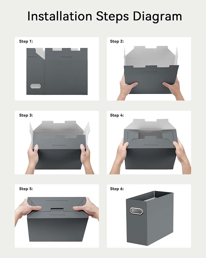 Portable Collapsible Cardboard File Box with Handle for Letter-Size | 6-Pack. Stainless Steel Handle. Label Stickers Included. Fits Letter Folders (Not Included). Home, Office, School, Dorm, Tax.