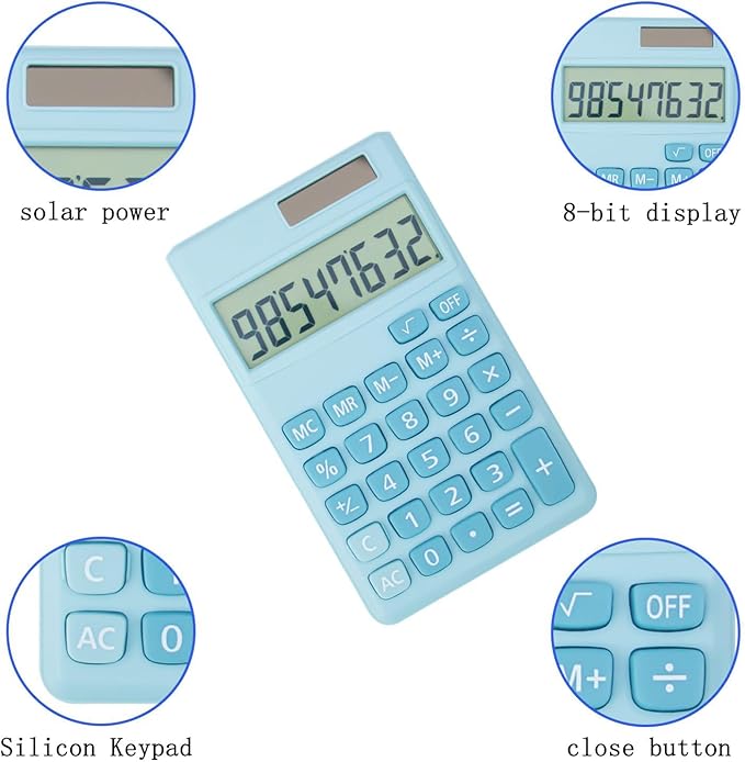 Basic Standard Calculators Small Digital Desktop Calculator with 8-Digit LCD Display, Battery Solar Power Smart Calculator Pocket Size for Kids for Home School (Blue 2pcs)